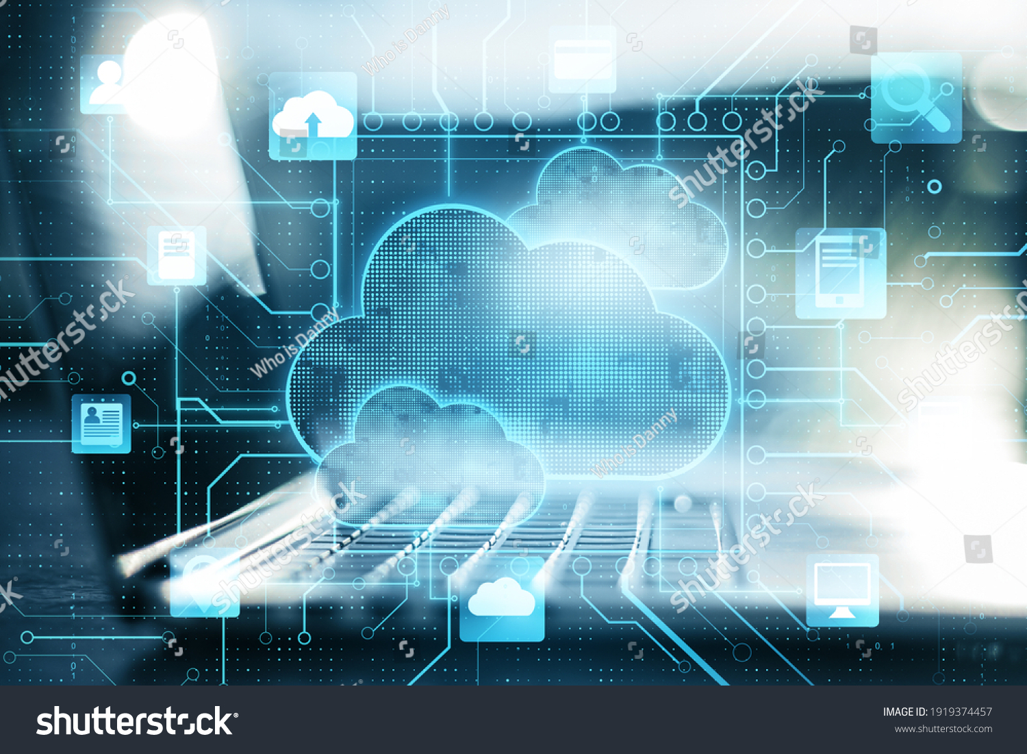 Business cloud computing: digital screen with application cloud service icons and blurry laptop at background #1919374457