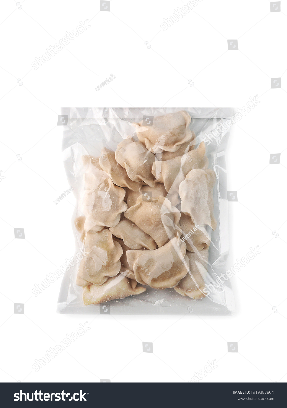 frozen uncooked dumplings in recycled plastic bag on white background isolated #1919387804