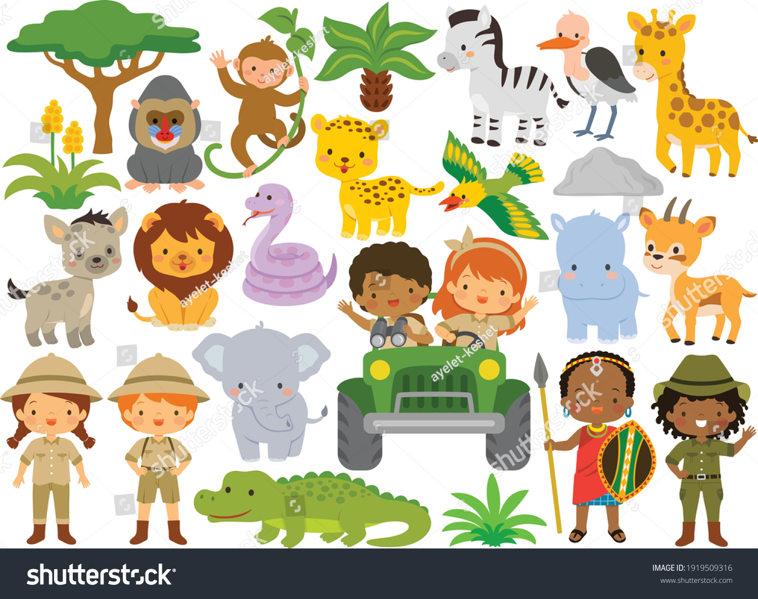 Safari animals and kids. Clipart set with wild animals and people in the African savanna.  #1919509316