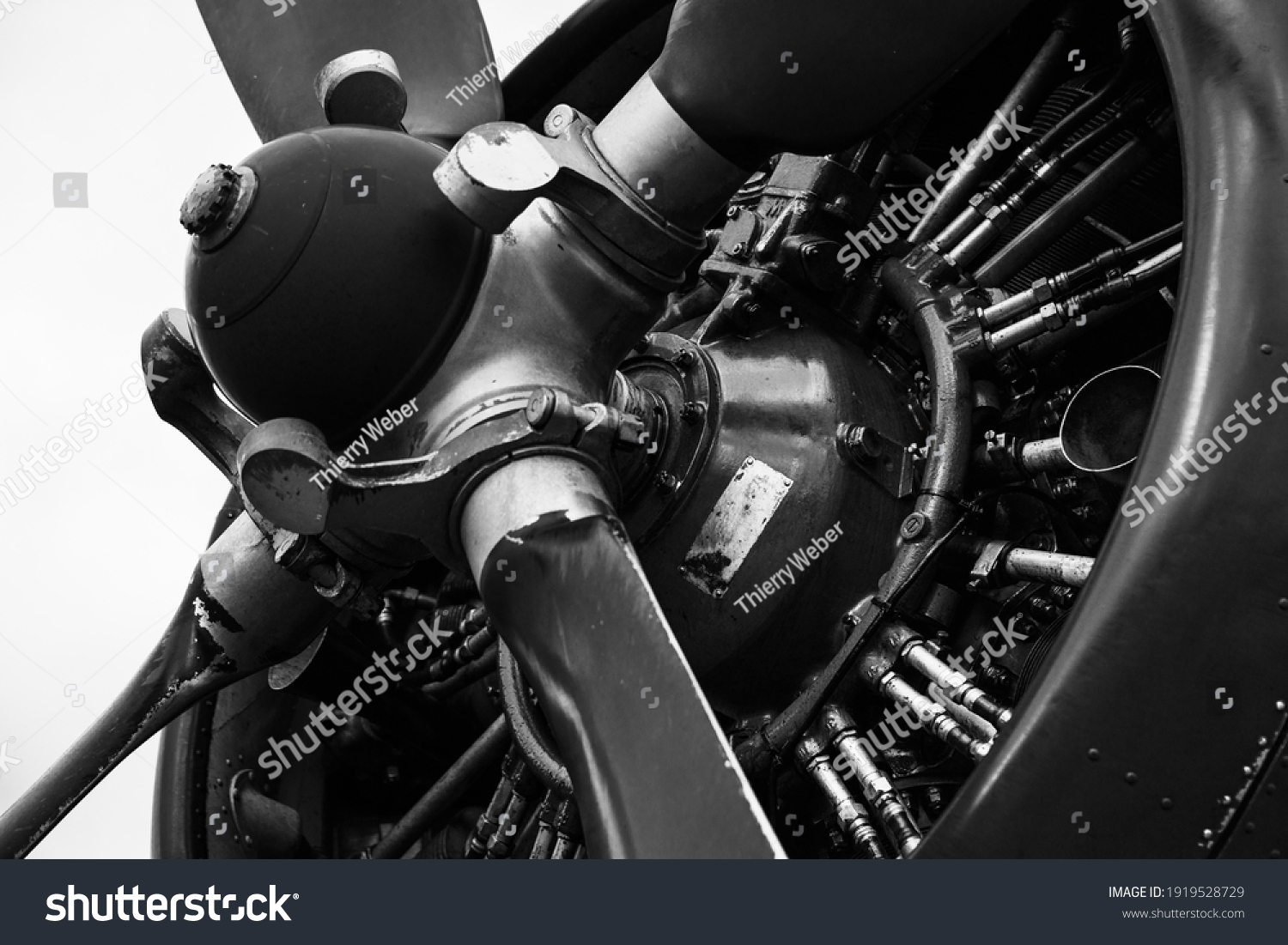 close up on a radial engine and propeller of a bi plane in black and white. The spinner and the counterweights of the propeller are visible, as well as the cylinders #1919528729