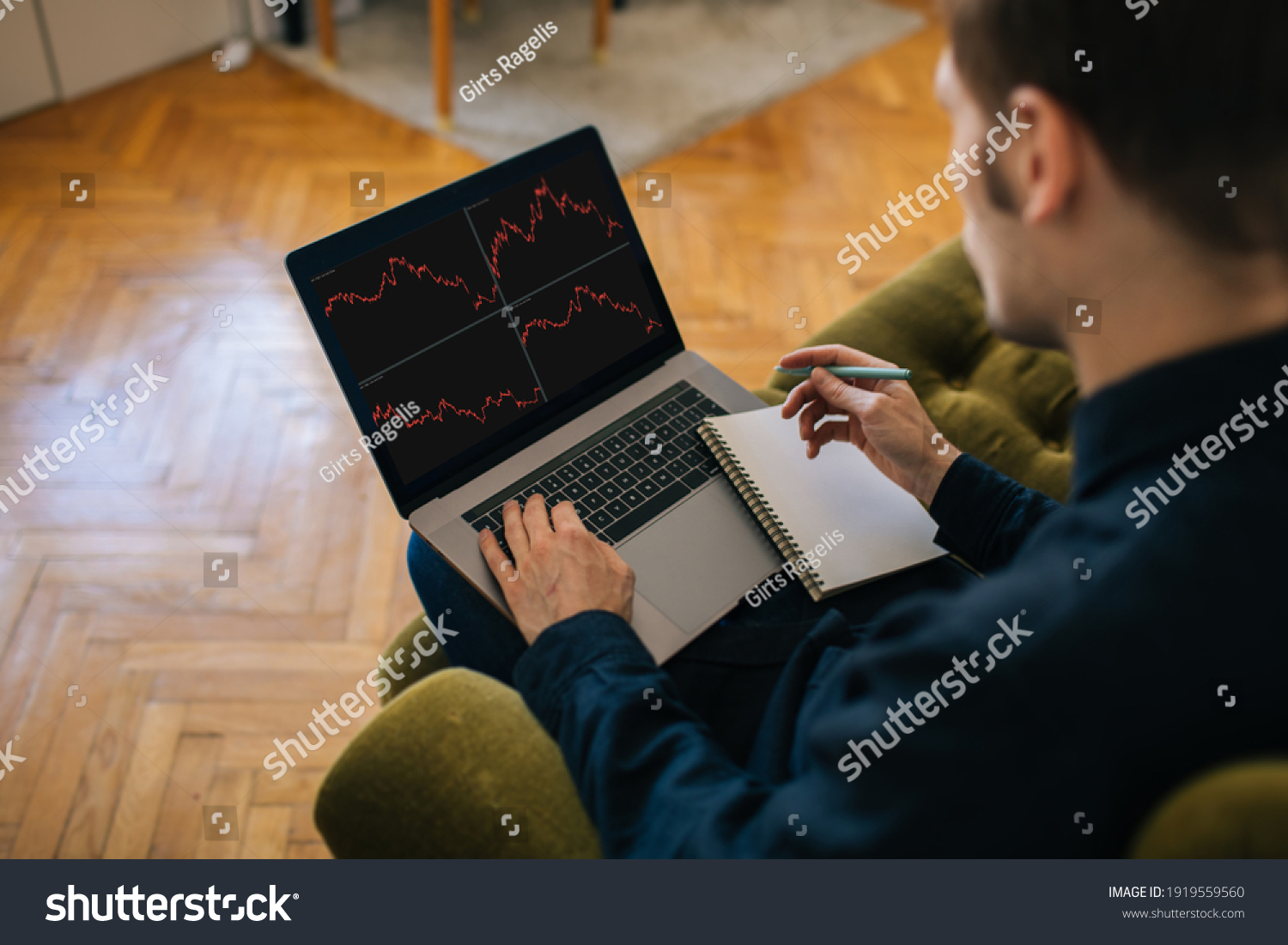 Trading stocks for beginners. Man using laptop for stock market. Crypto stock exchange. Investment business graph traders concept. Work from home back view of employee analyzing graphs #1919559560