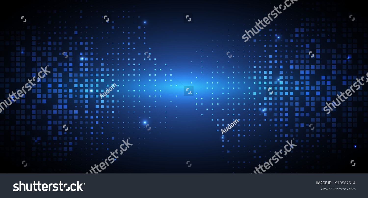 Abstract technology futuristic digital concept square pattern with lighting glowing particles square elements on dark blue background. Vector illustration #1919587514