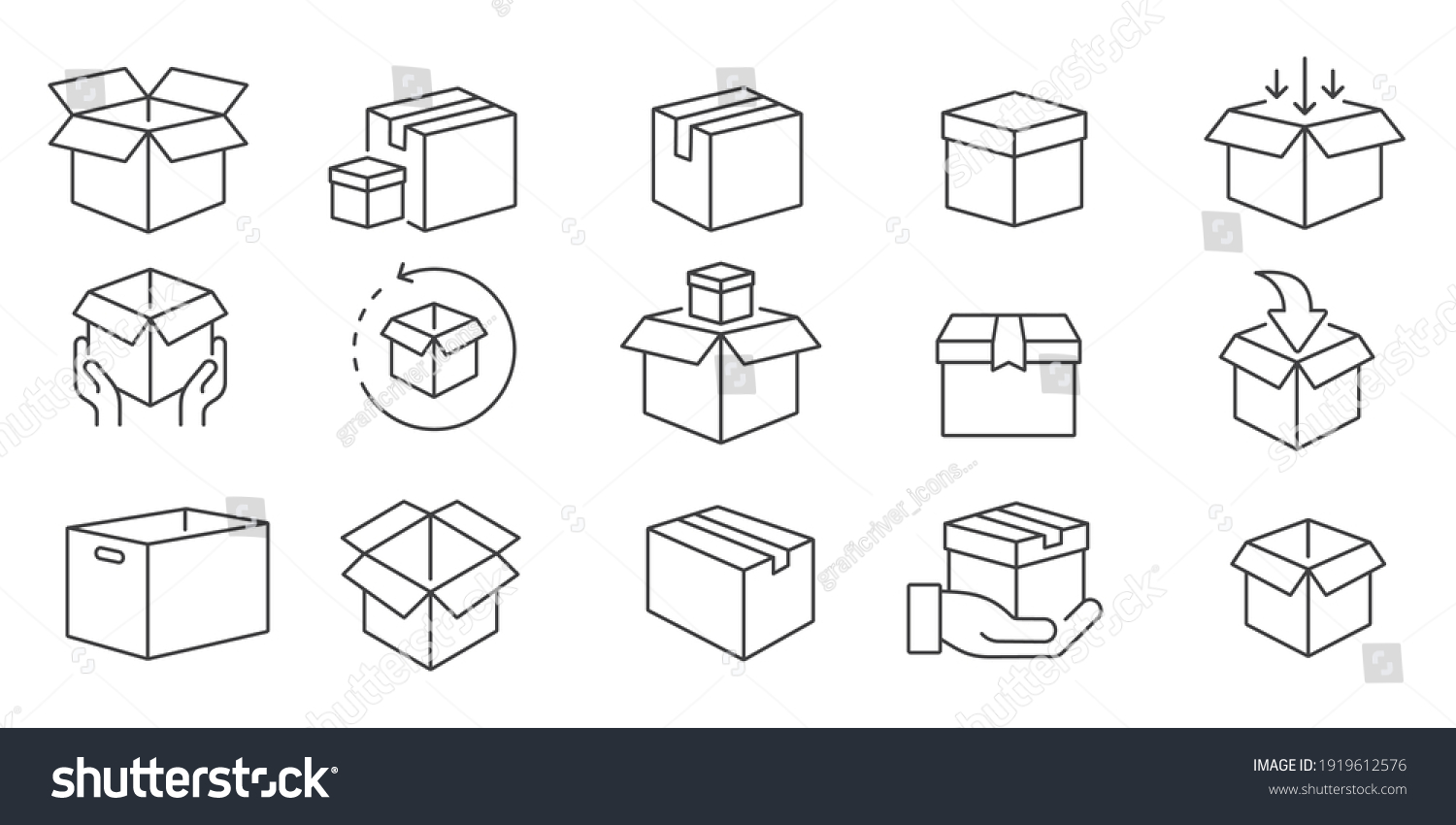 Box icon set in line style, delivery box, Package, export boxes, cargo box, return parcel, gift box, open package, Shipment of goods, vector illustration #1919612576