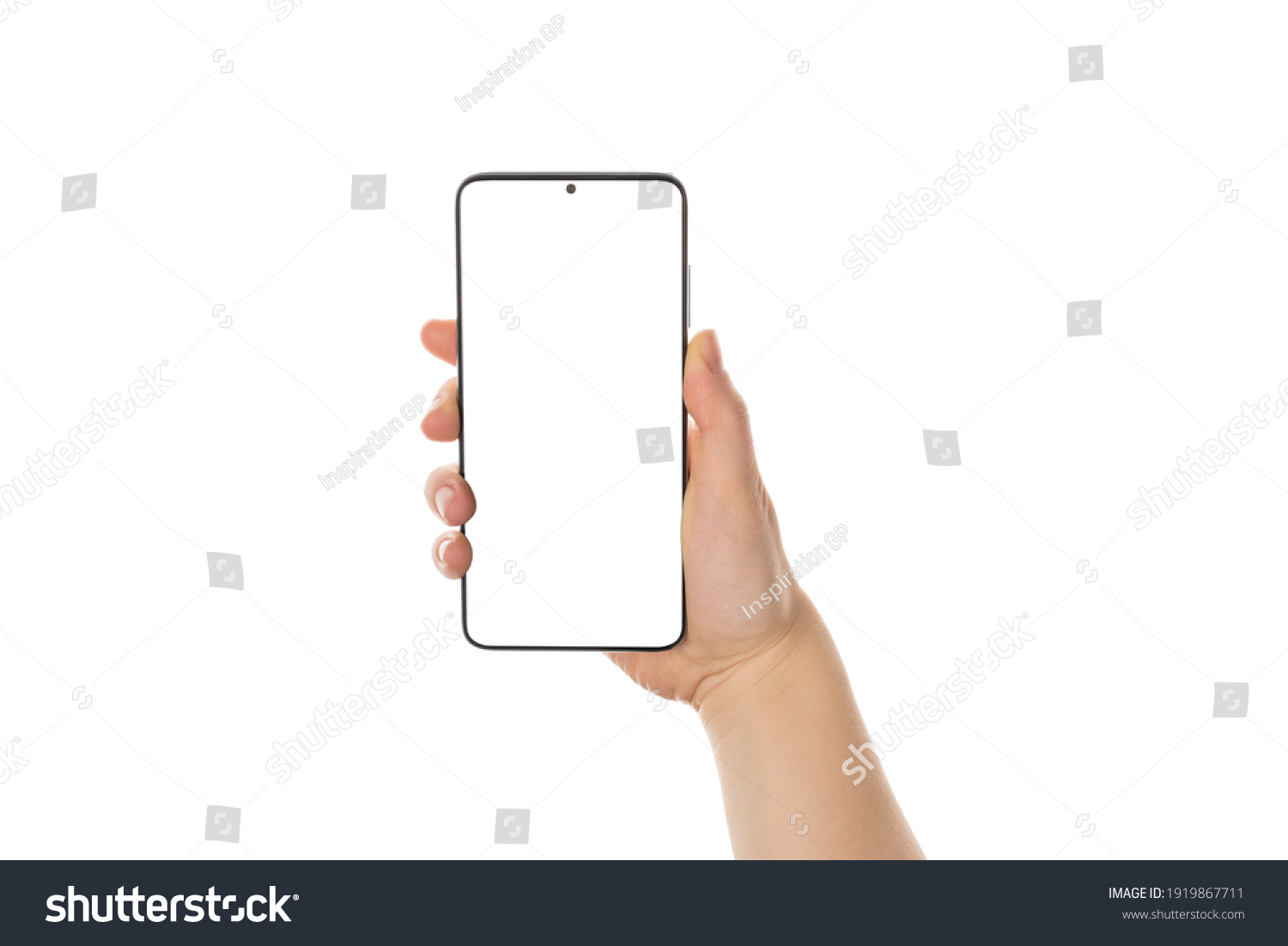 Close up cropped view photo picture of woman's hand holding showing blank empty screen of her smart telephone isolated white color backdrop #1919867711