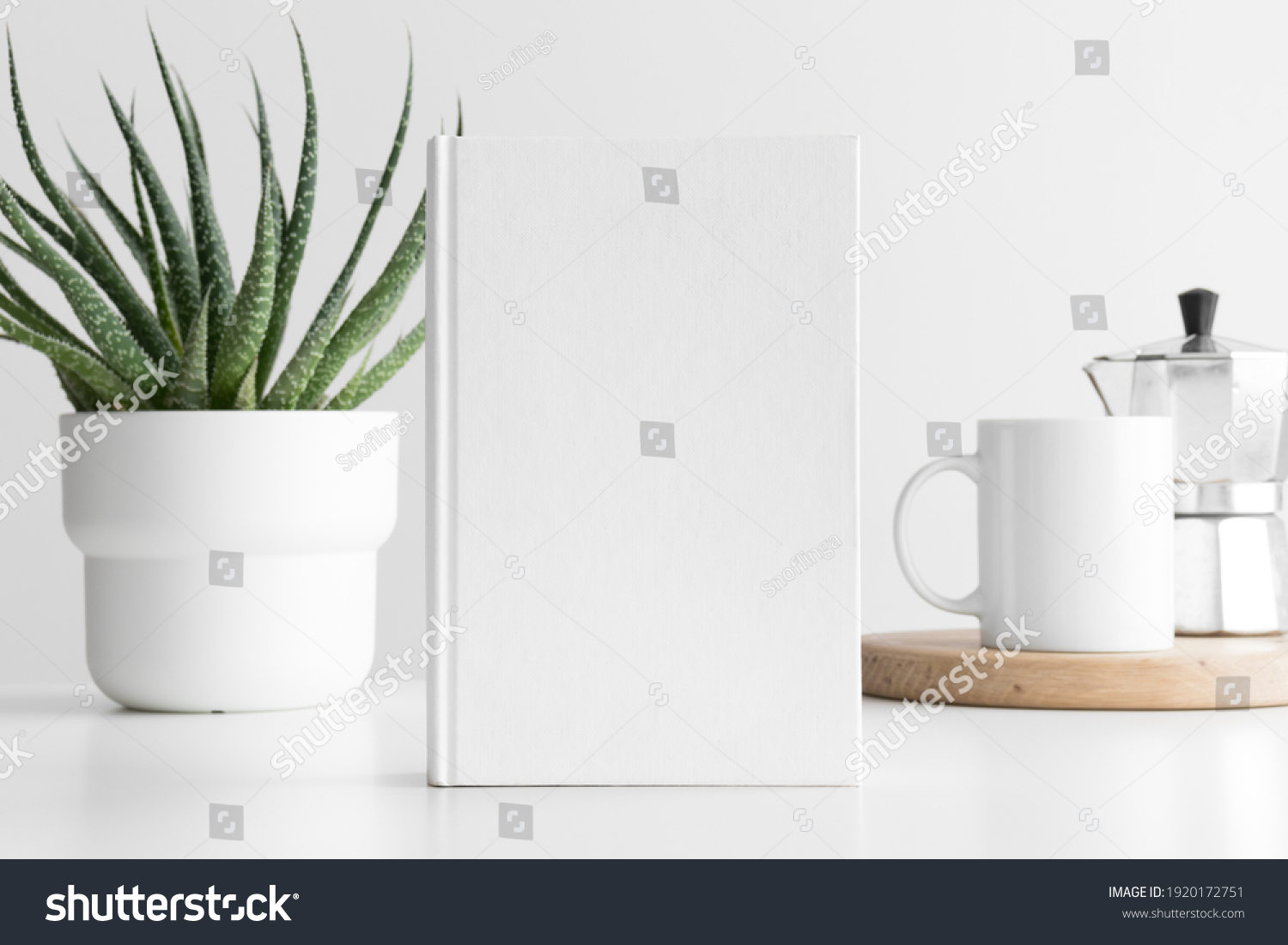 White book mockup with a succulent plant and a mug on a white table. #1920172751