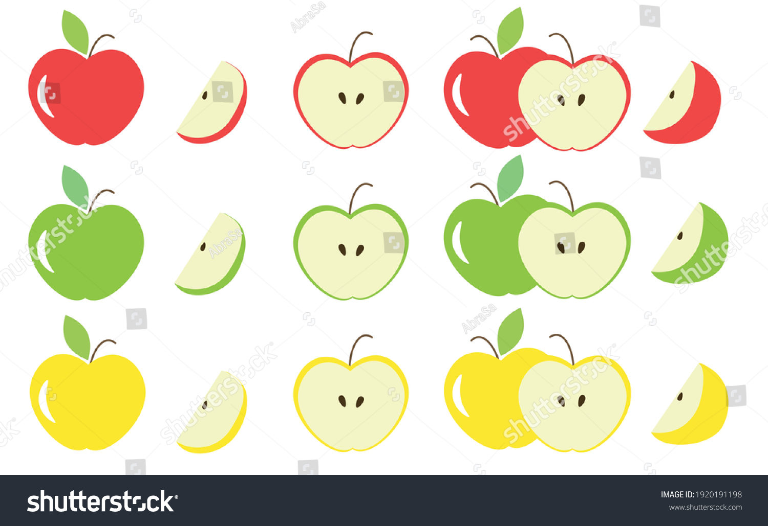 Different colors and parts of apples vector set. Fruit design elements. Whole apples, slices, leaves and apple seeds vector design elements isolated on white. Red, green and yellow apples set. #1920191198