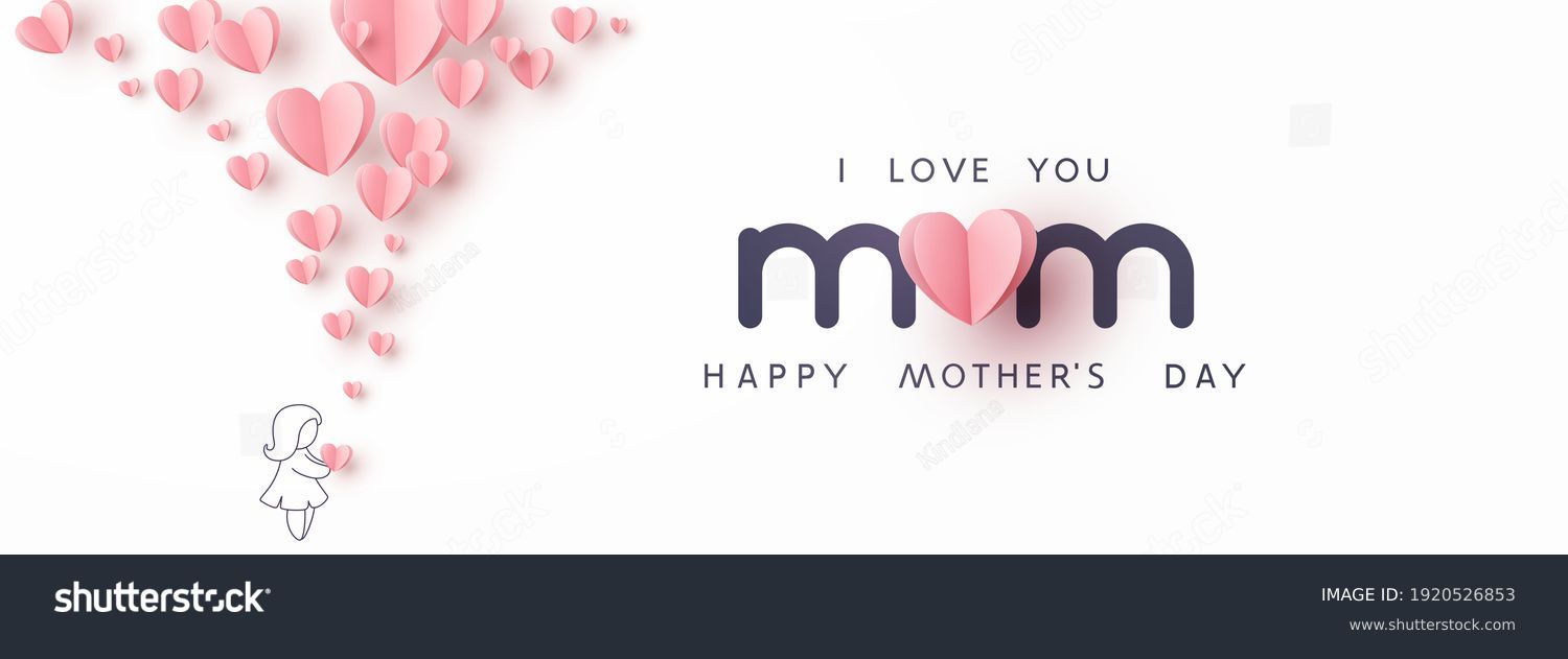 Mother's day greeting card. Vector banner with girl and flying pink paper hearts. Symbols of love on white background #1920526853