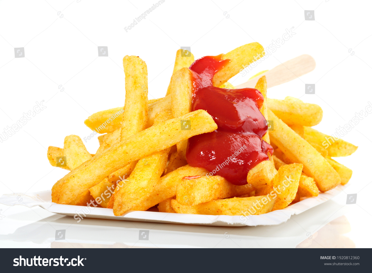 French Fries with Ketchup isolated on white Background #1920812360