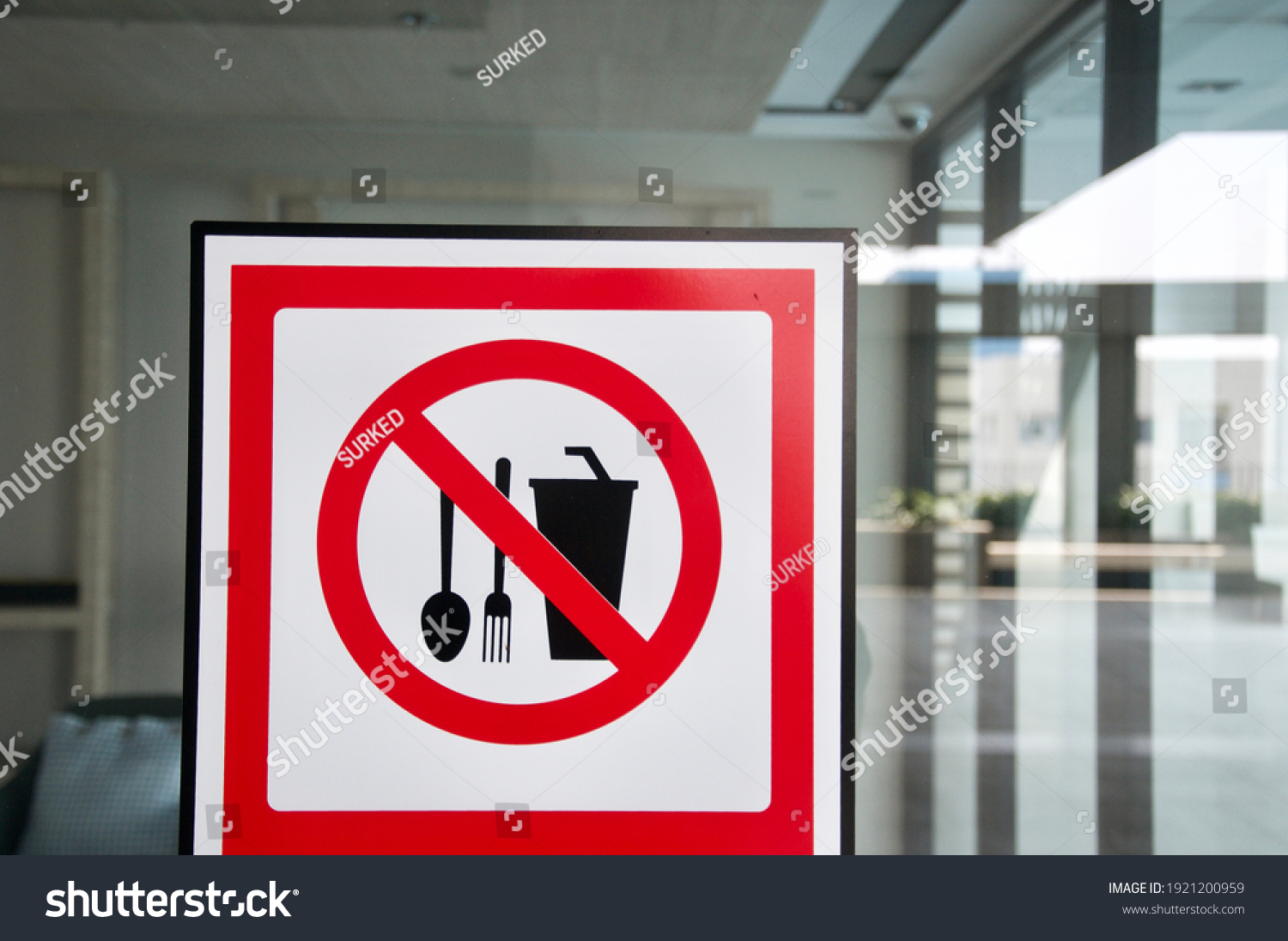 Attention Sign of food and drink not allowed bring from outside to restaurant. It is regulation from shopping mall. (Blurred background ) #1921200959