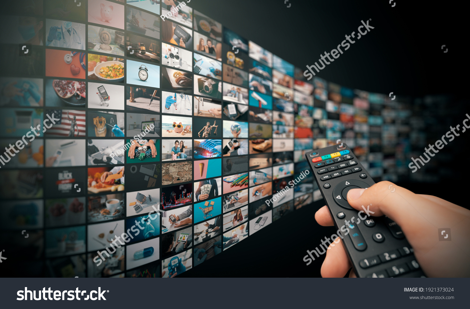 Television streaming, TV broadcast. Multimedia wall concept. #1921373024