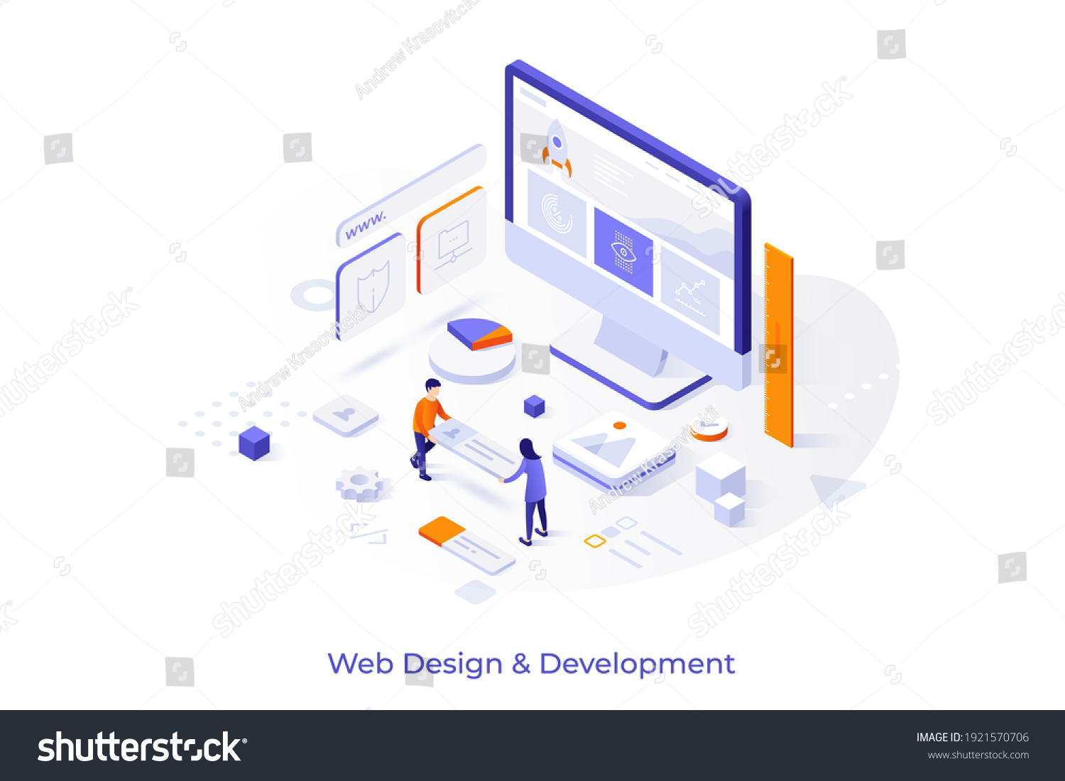 Conceptual template with computer and people building website interface. Scene for web design and development, site builder online tool or service. Modern isometric vector illustration for webpage. #1921570706