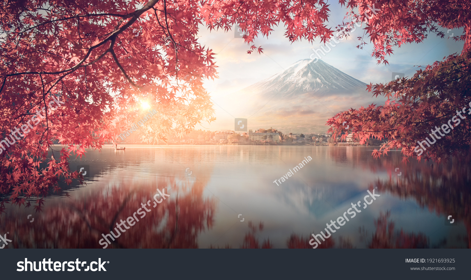 Fuji japan,mountain landscape,Fujisan mountain reflection on water with sunrise at kawaguchiko lake snow landscape,Japan autumn season located on Honshu Island, is the highest mountain in Japan #1921693925
