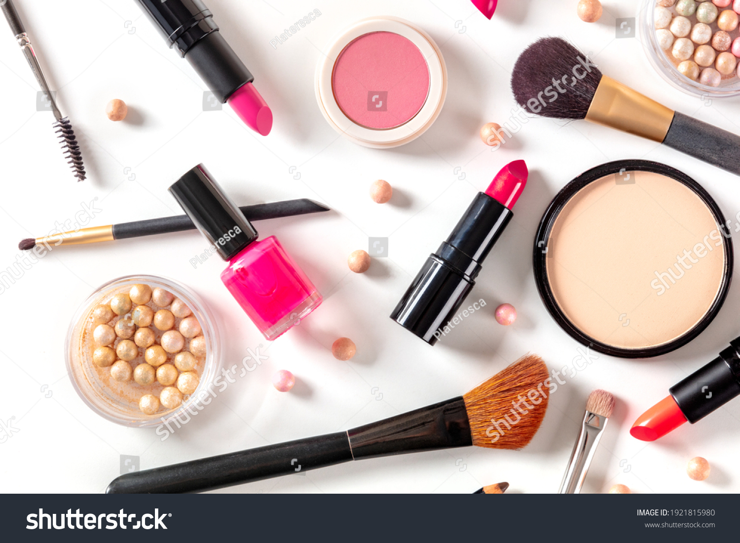 Make-up products, shot from the top on a white background. Various cosmetics #1921815980