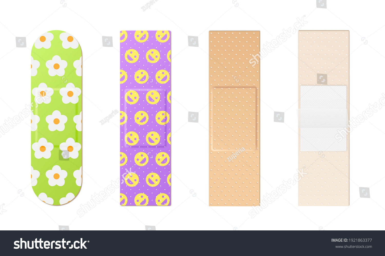 Adhesive bandage set. Elastic medical plasters and patches classic and colorful for kids front and back view isolated on white background.3d vector illustration #1921863377