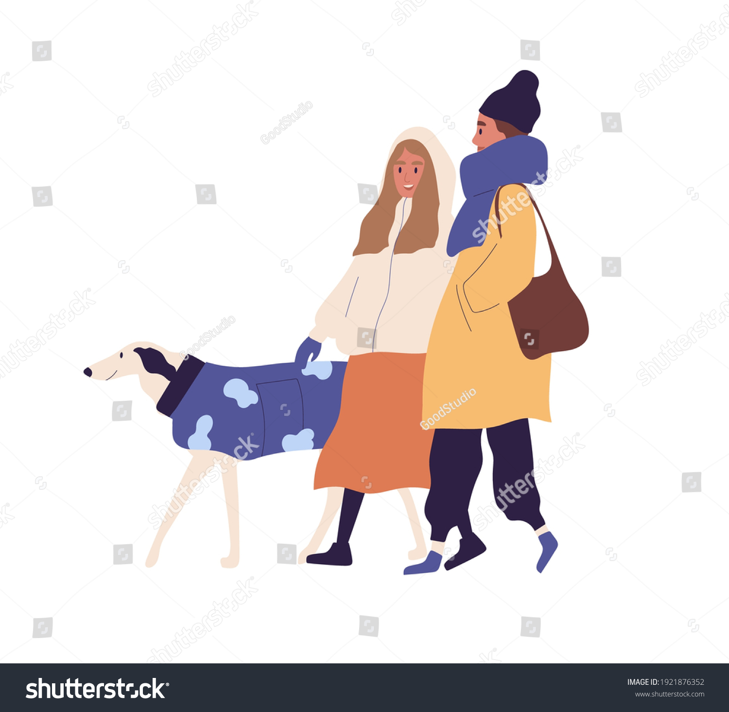 Happy people walking with dog in winter time. - Royalty Free Stock ...