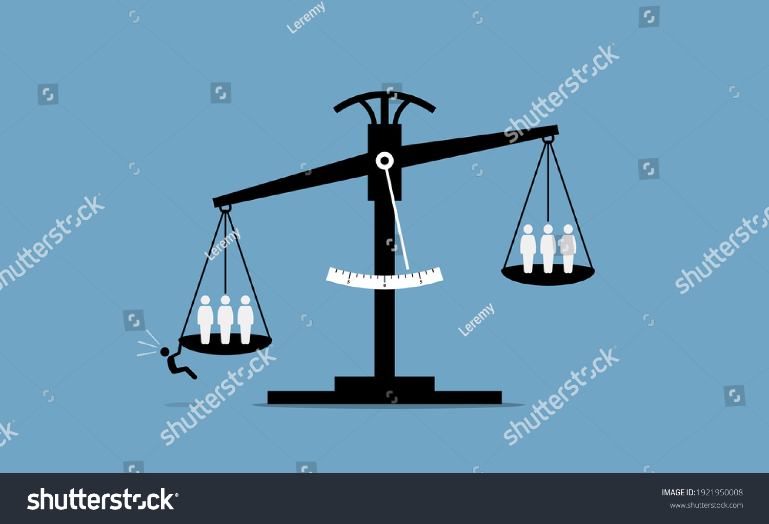 Scale of justice with a person trying to influence the result. Vector illustration concept of unfair advantage, cheating, deception, justice corruption, conspire, and law manipulation.  #1921950008