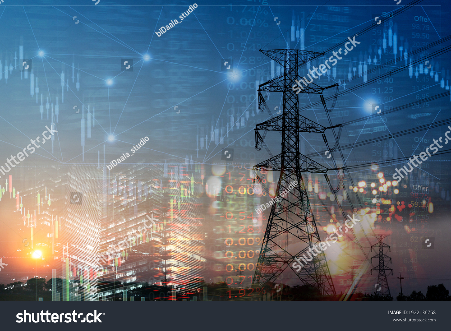 market stock graph and index information with city light and electricity and energy facility industry and business background #1922136758