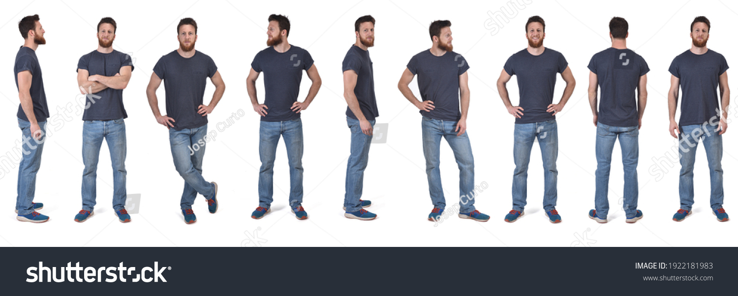 the same man in various poses with t-shirt on white background  #1922181983