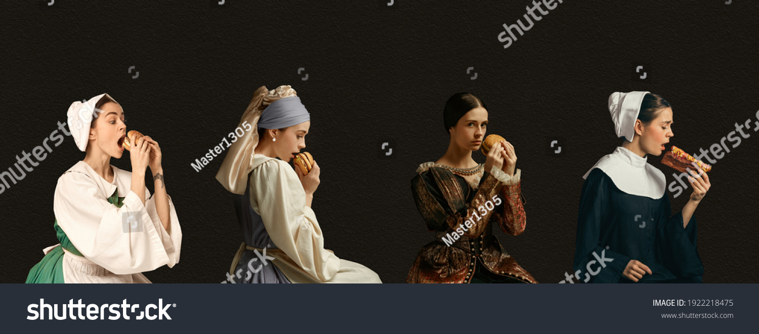 Fast food. Medieval women as a royalty persons from famous artworks in vintage clothing on dark background. Concept of comparison of eras, modernity and renaissance, baroque style. Creative collage. #1922218475