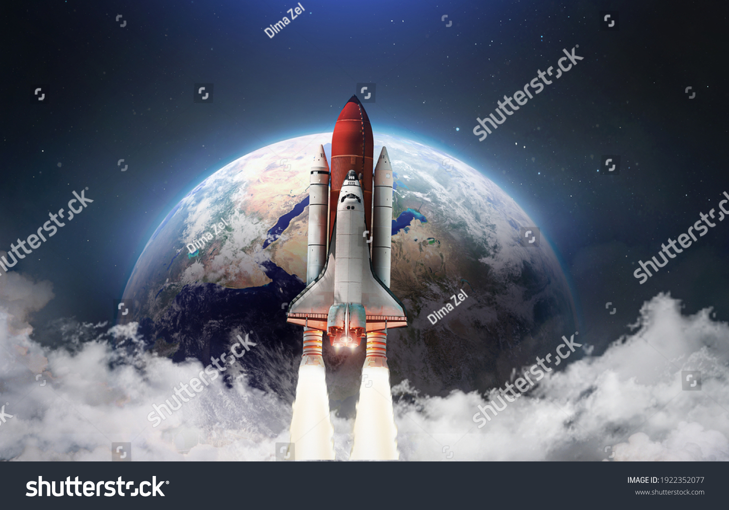 Spaceship in the outer space on orbit of Earth planet. Space shuttle in sky with clouds. Continents and oceans. Elements of this image furnished by NASA
 #1922352077