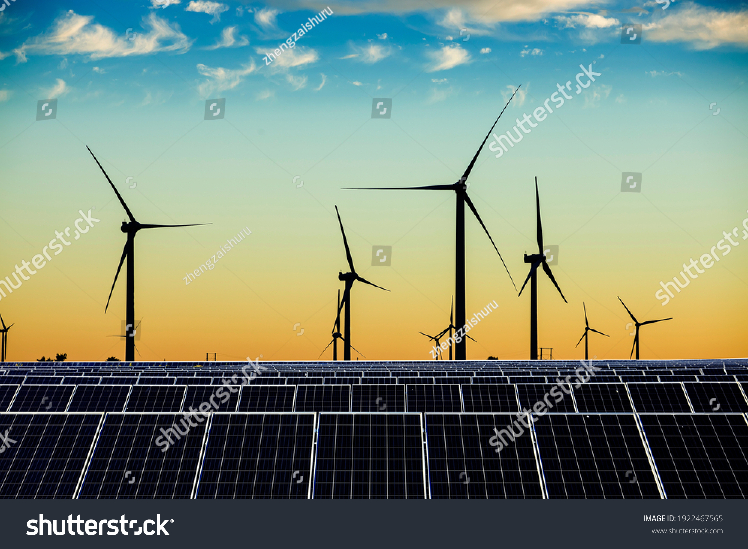 Solar photovoltaic panels and wind turbines. Energy concept #1922467565
