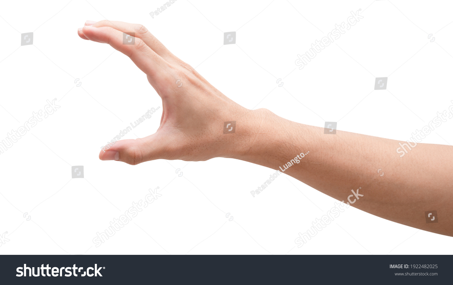 Close up male hand holding something like a bottle or can isolated on white background with clipping path. #1922482025