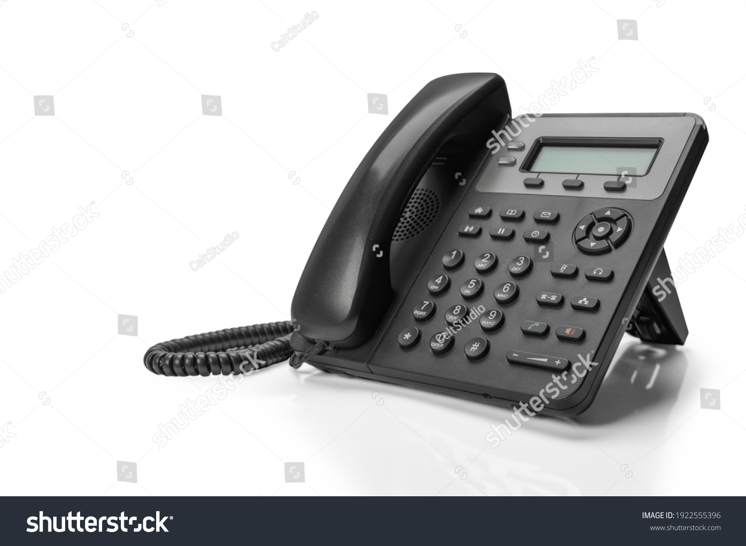 black telephone with VOIP isolated on white background. customer service support, call center concept. #1922555396