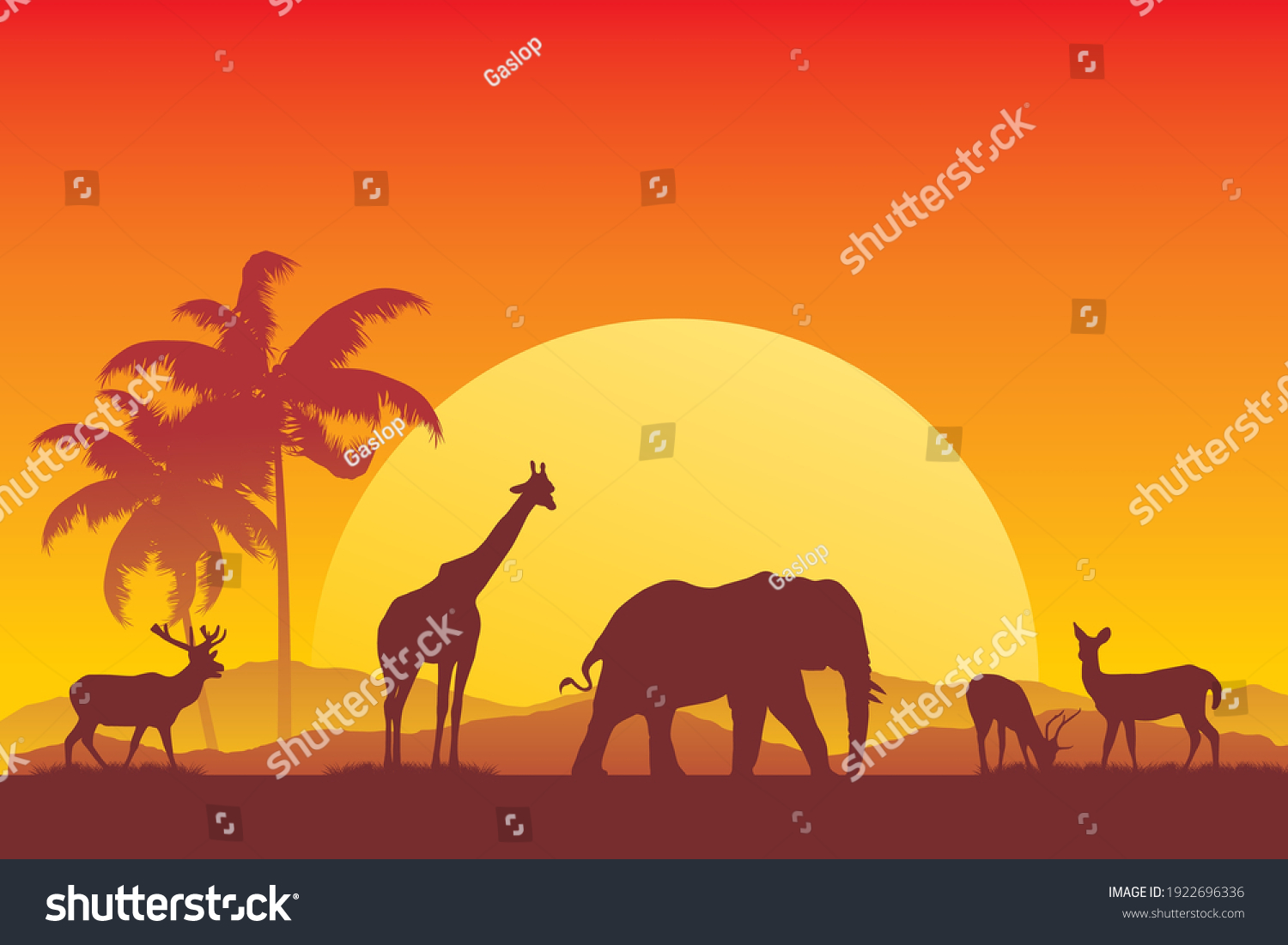 Safari animals silhouette in sunset vector - Royalty Free Stock Vector ...