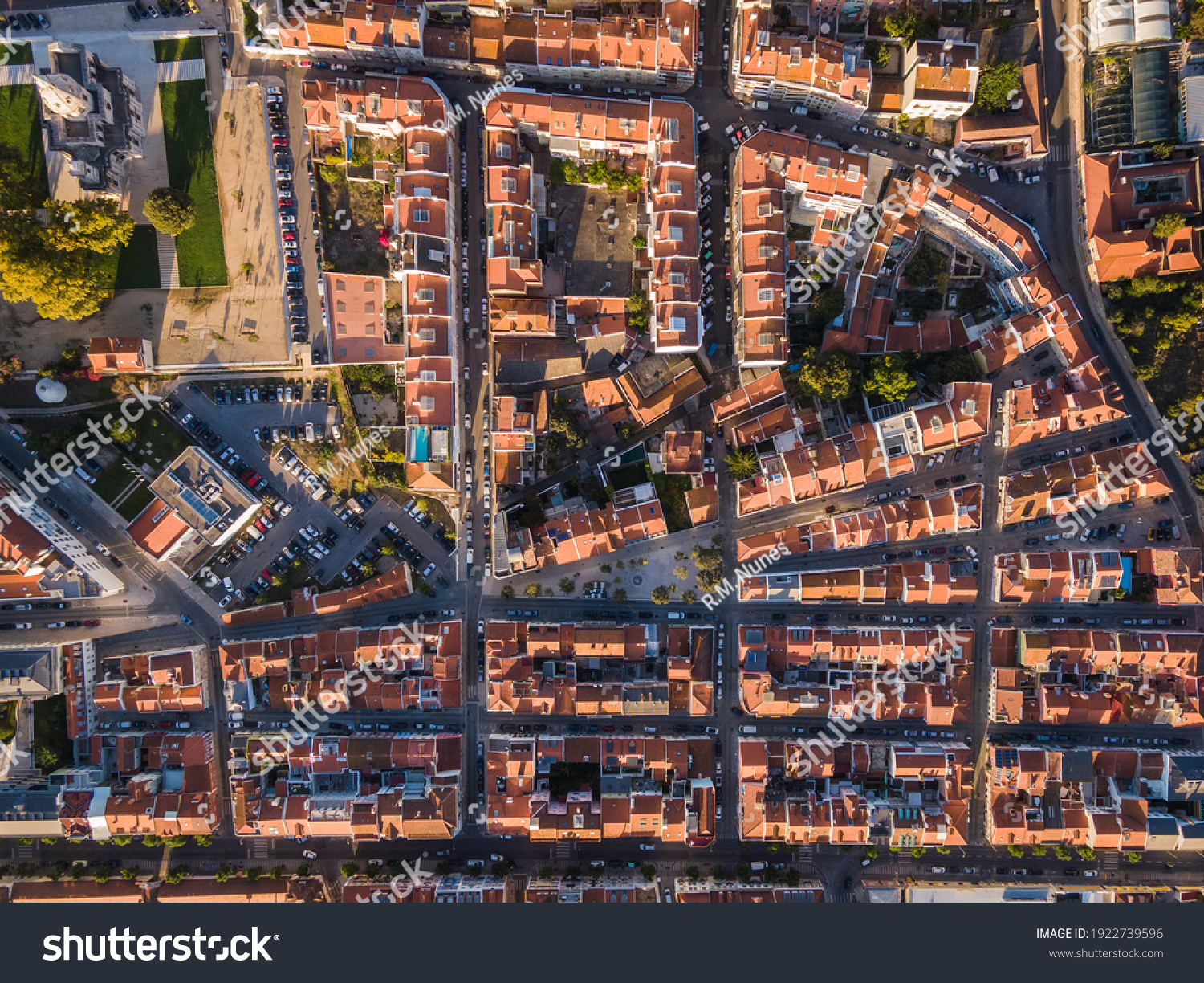 Aerial top down view of traditional residential neighbourhood during fall season in the Belem District of Lisbon, Portugal. #1922739596