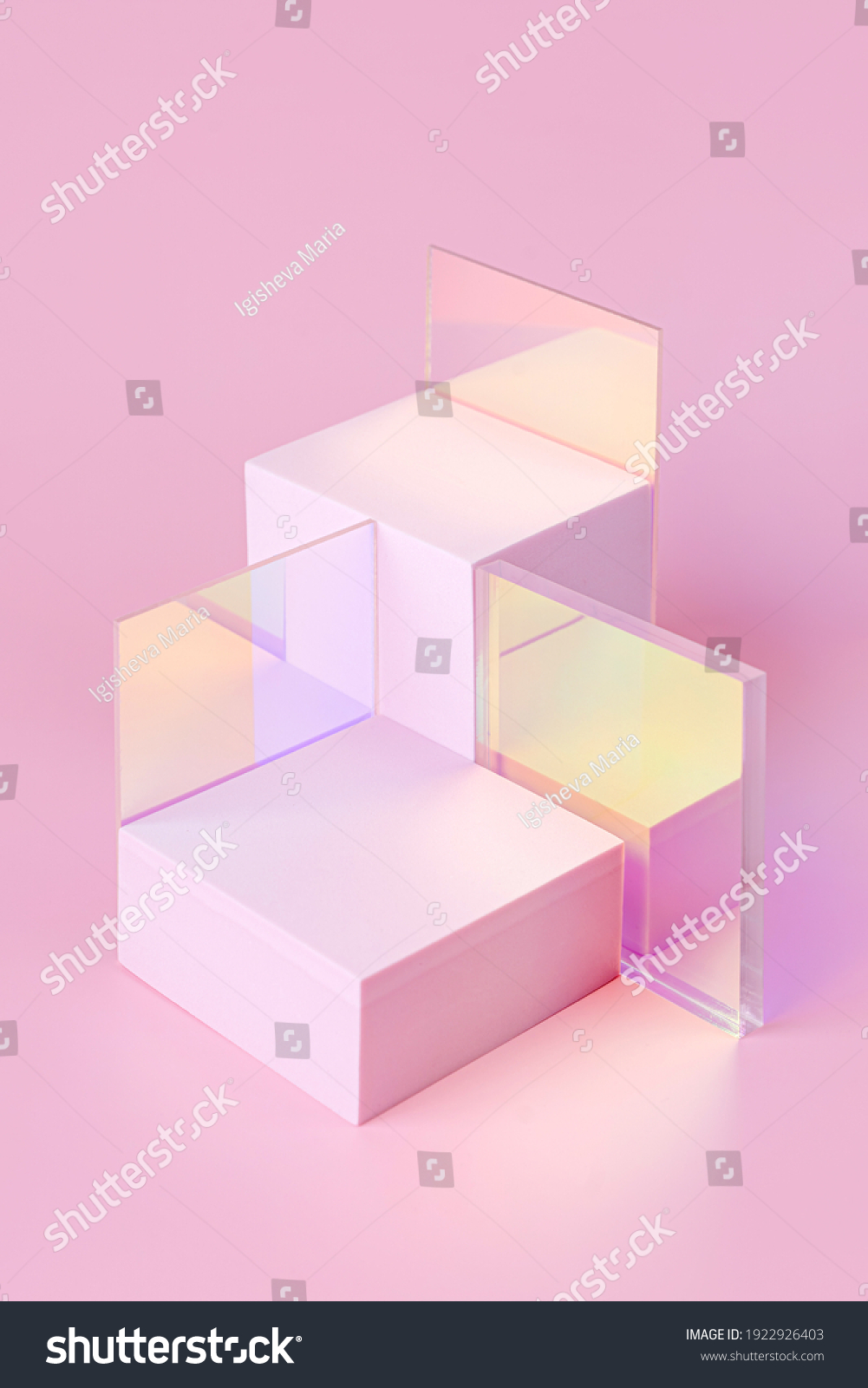 Geometric shapes podium for product display. Monochrome platform  with gloss acrylic sheets on pink background. Stylish background for presentation. Minimal style. #1922926403