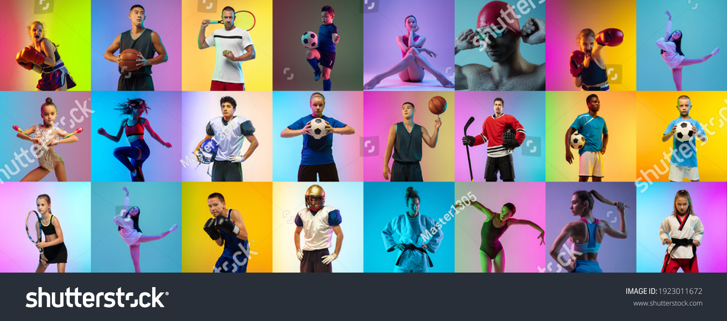 Sport collage of 20 professional athletes on gradient multicolored neoned background. Concept of motion, action, active lifestyle, wellness. Football, soccer, basketball, tennis, box. Made of models. #1923011672