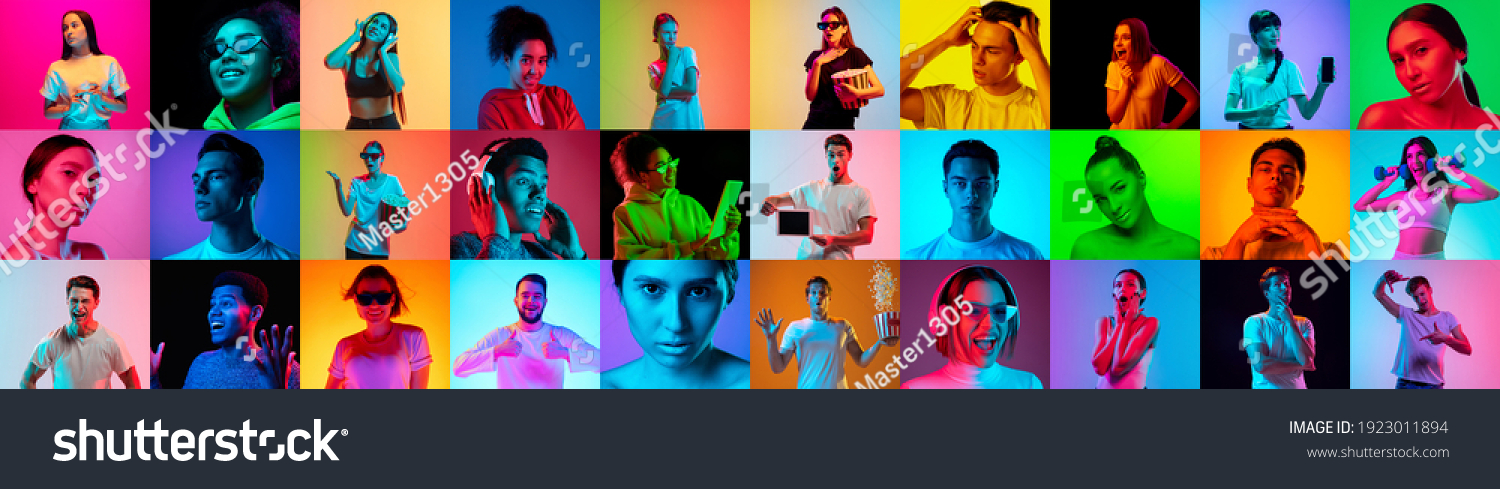 Collage of faces of 16 emotional people on multicolored backgrounds in neon light, fluid. Expressive models, multiethnic group. Human emotions, facial expression concept. Movie, fashion, music, beauty #1923011894