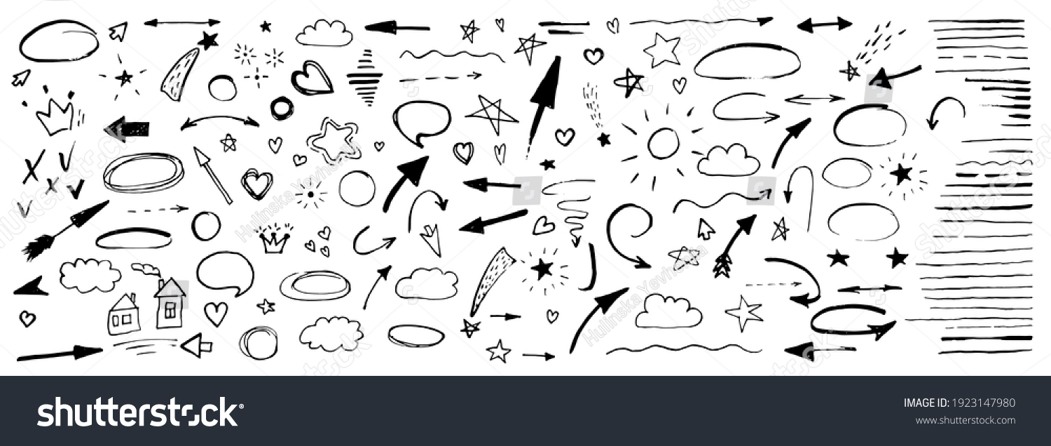 Hand drawn doodle design elements, black on white background. Swishes, swoops, emphasis, Arrow, crown, brush stroke. doodle sketch design elements #1923147980