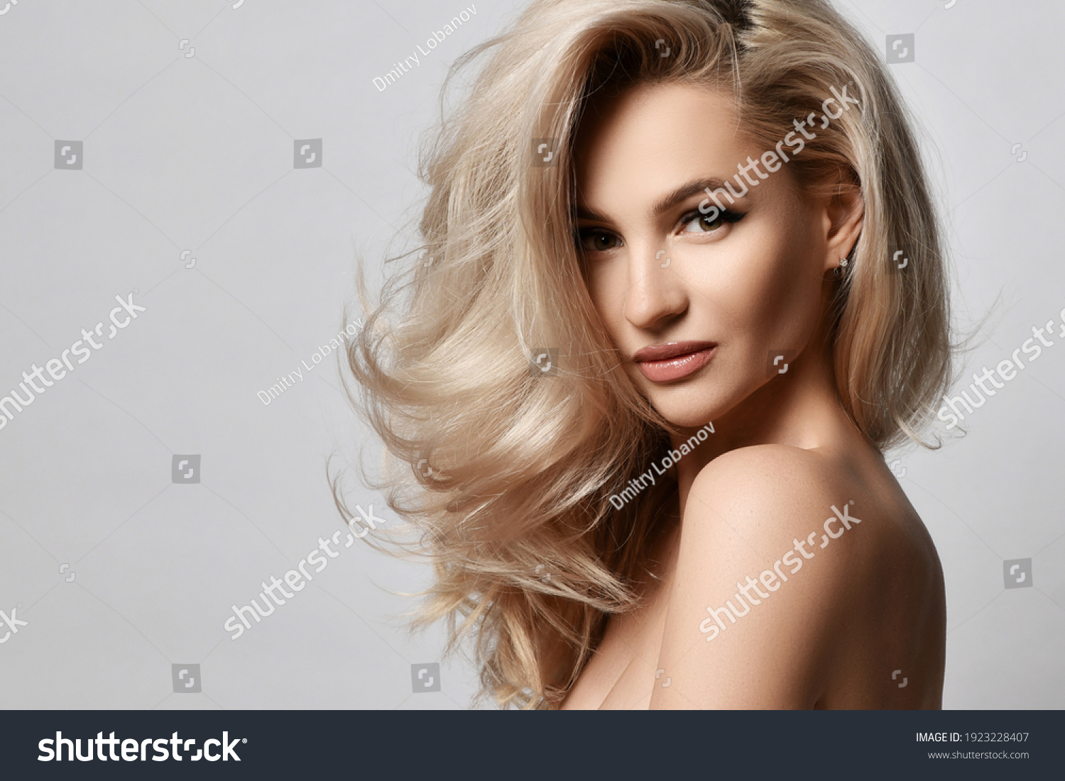Healthy skin beautiful woman beauty skin and hair portrait natural make up. Blonde woman face clean healthy skin natural female spa glamour portrait on grey background #1923228407