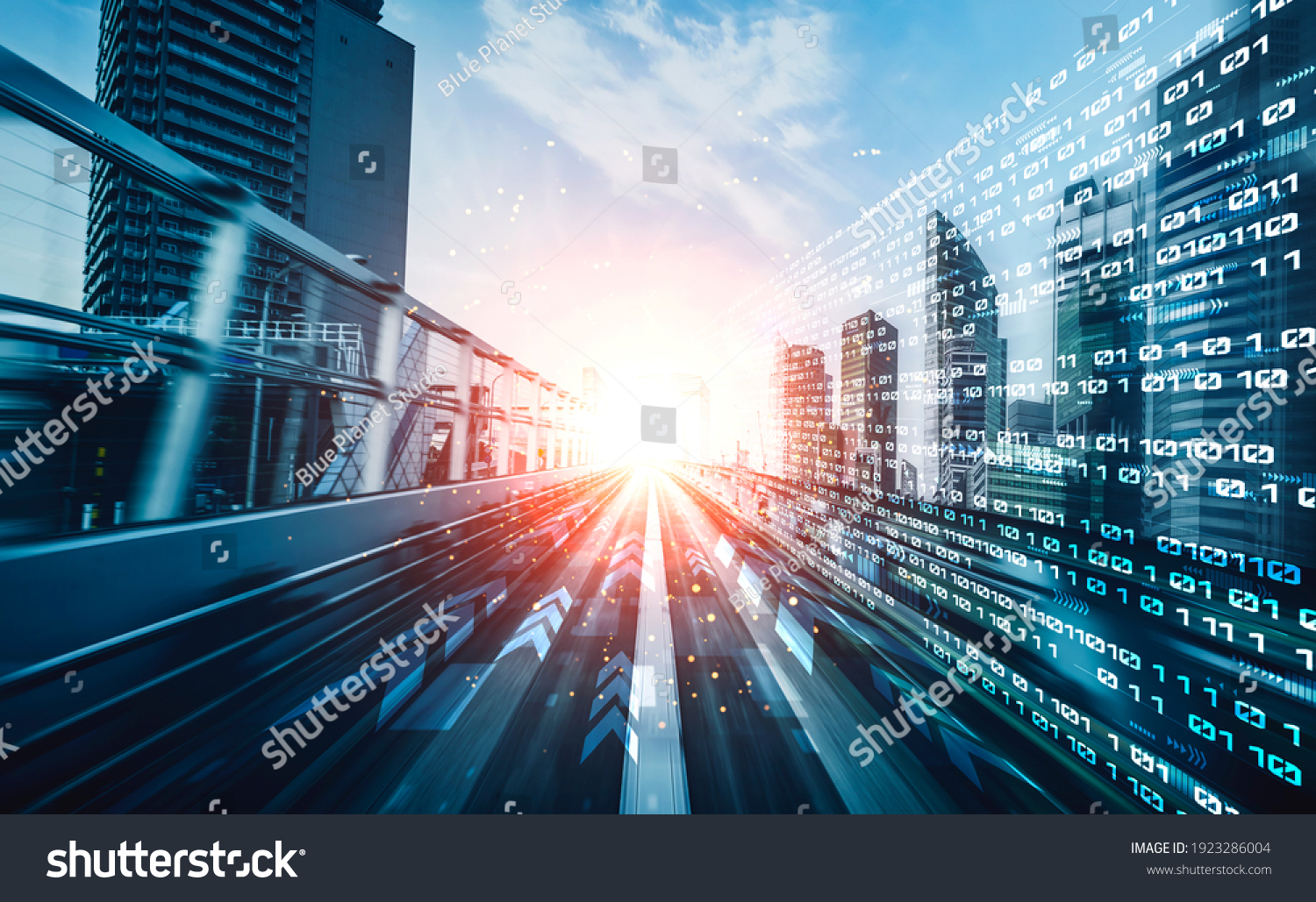Digital data flow on road with motion blur to create vision of fast speed transfer . Concept of future digital transformation , disruptive innovation and agile business methodology . #1923286004