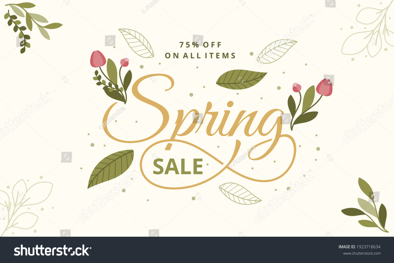 Hello Spring hand logotype, badge typography icon. Lettering spring season with leaf for greeting card, invitation template. Retro, vintage lettering banner poster template background, Sale, offer #1923718634