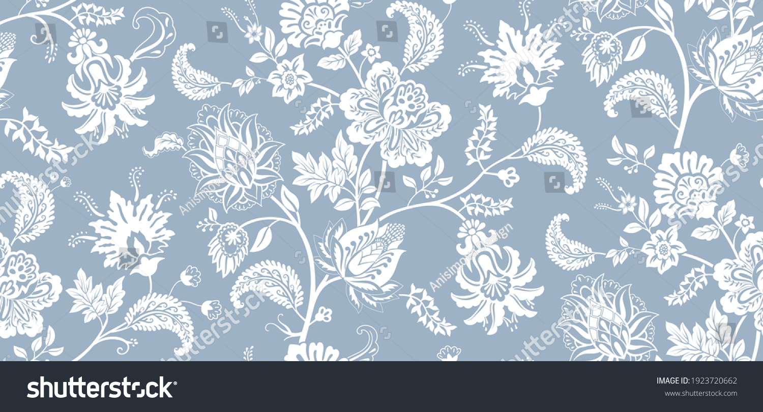 Two-color vector floral pattern. Design for wallpaper, wrapping paper, background, fabric. Vector seamless pattern with decorative climbing flowers.  #1923720662