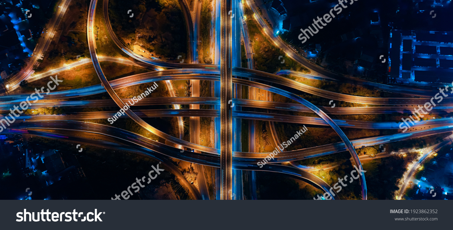 Expressway top view, Road traffic an important infrastructure in Thailand. Road and Roundabout, multilevel junction motorway #1923862352