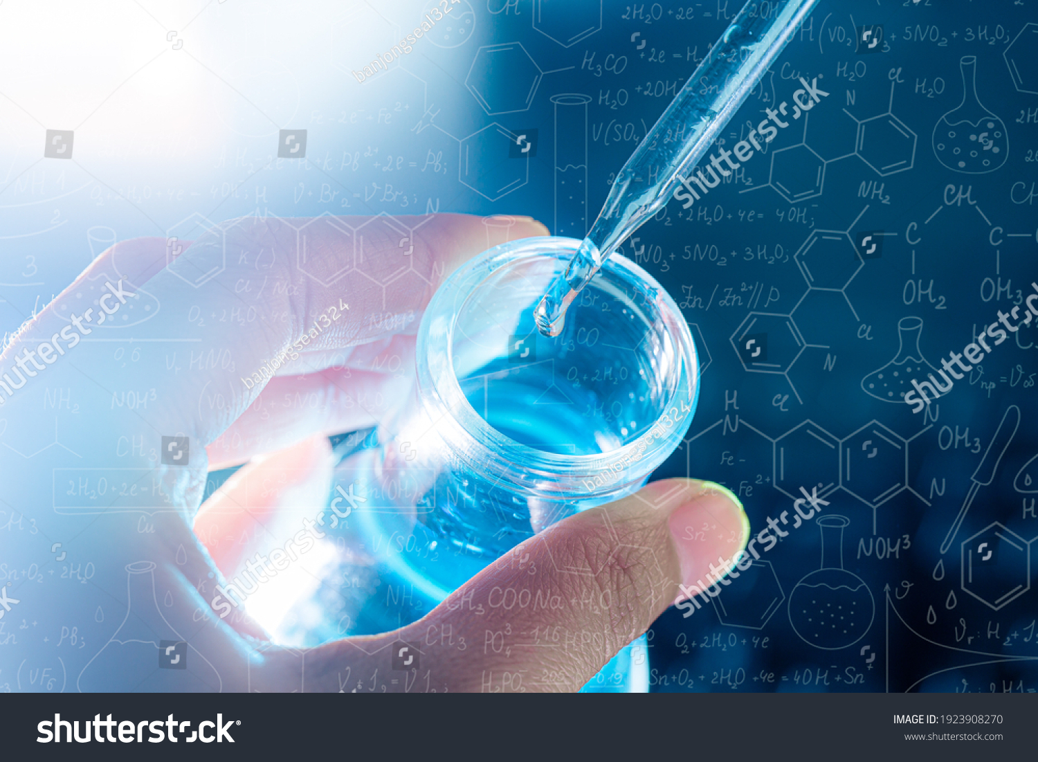 hand of scientist holding flask with lab glassware and test tubes in chemical laboratory background, science laboratory research and development concept #1923908270