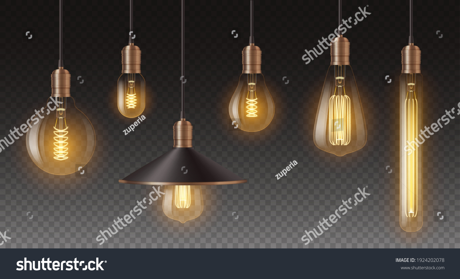 Realistic retro light bulbs set. Decorative vintage design edison lightbulbs of different shapes. Lamps in antique style with copper. 3d vector illustration #1924202078