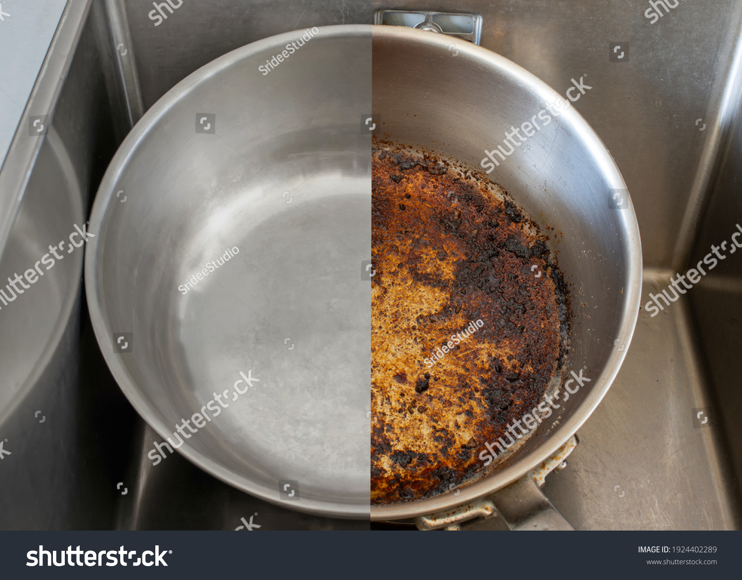 Compare burnt pan image before and after cleaning the unclean able stained pot from burnt cooking pot. The dirty stainless steel pan with the clean pan clean shiny bright like new in the kitchen sink. #1924402289