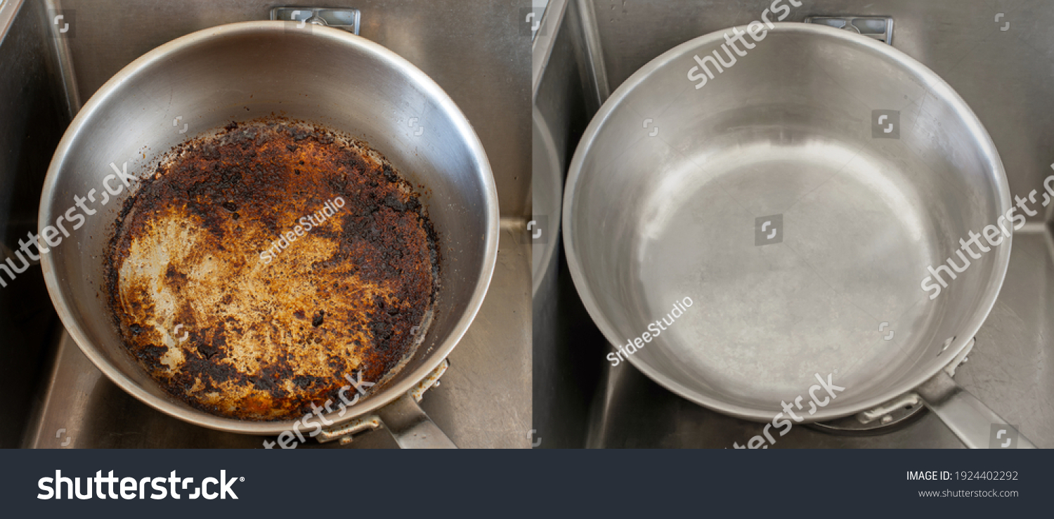 Compare burnt pan image before and after cleaning the unclean able stained pot from burnt cooking pot. The dirty stainless steel pan with the clean pan clean shiny bright like new in the kitchen sink. #1924402292