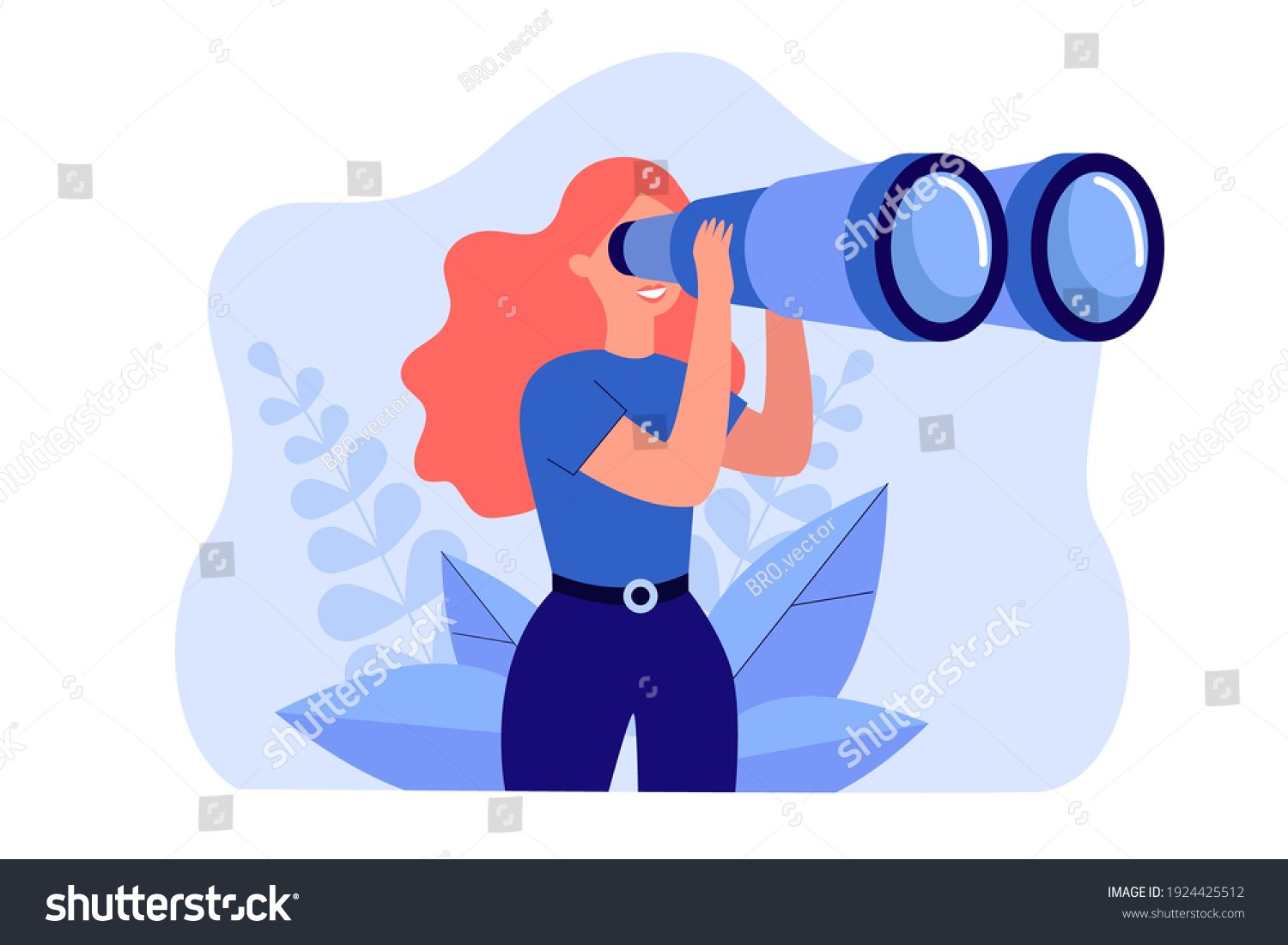 Happy woman holding huge tourists binocular and looking far ahead. Vector illustration for observation, discovery, future concept #1924425512