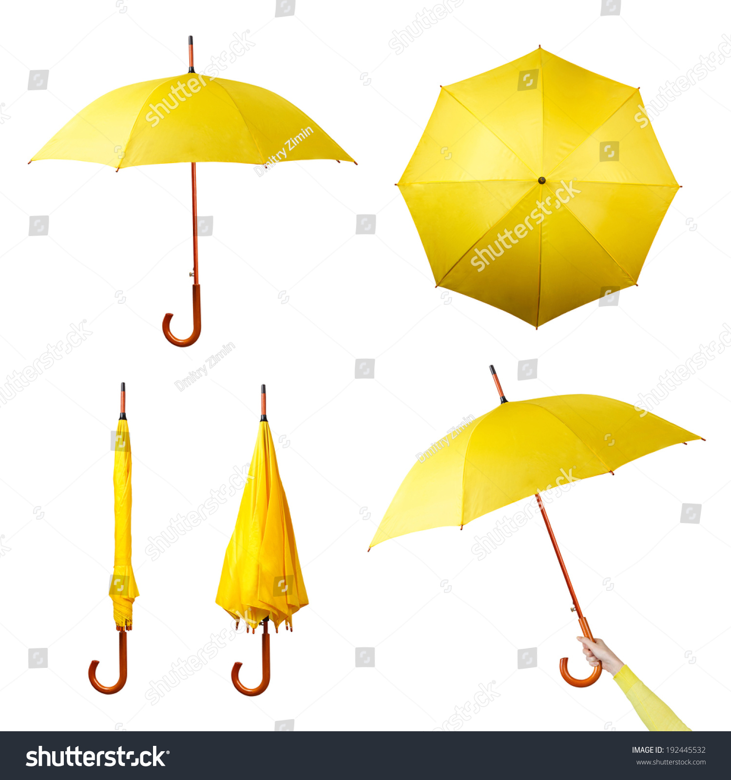 Set of various umbrellas isolated on a white background. Collection of folded, opened, top view umbrellas #192445532