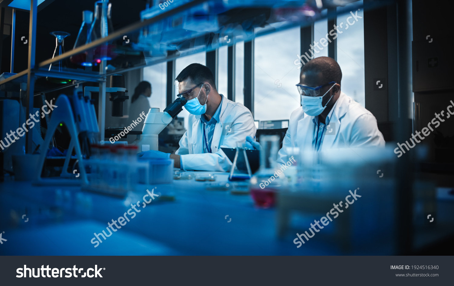 Modern Medical Research Laboratory: Two Scientists Wearing Face Masks use Microscope, Analyse Sample in Petri Dish, Talk. Advanced Scientific Lab for Medicine, Biotechnology. Blue Color #1924516340