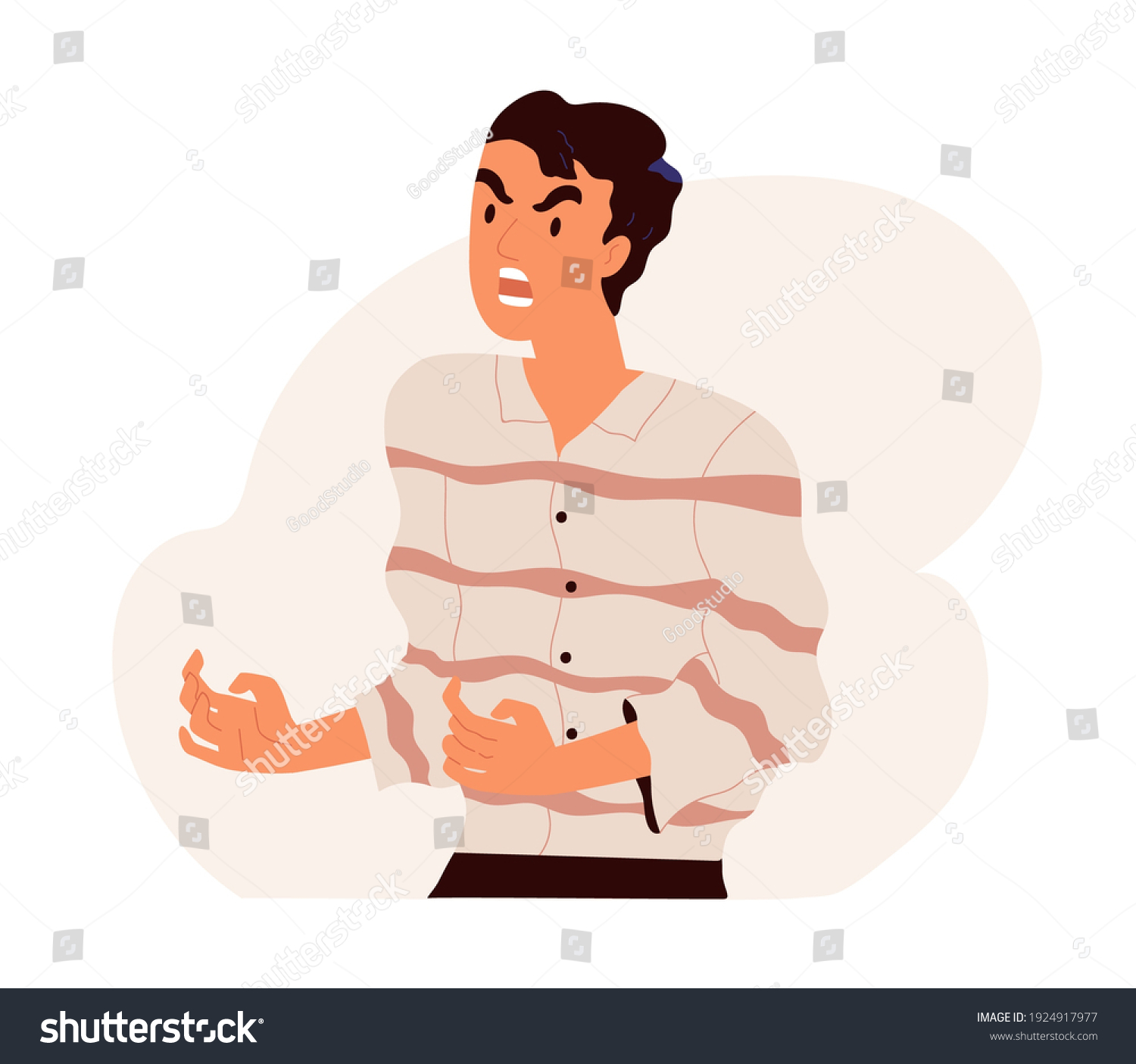 Furious angry man shouting and screaming with rage. Outraged guy with aggressive face expression scolding and yelling in anger. Colored flat vector illustration isolated on white background #1924917977