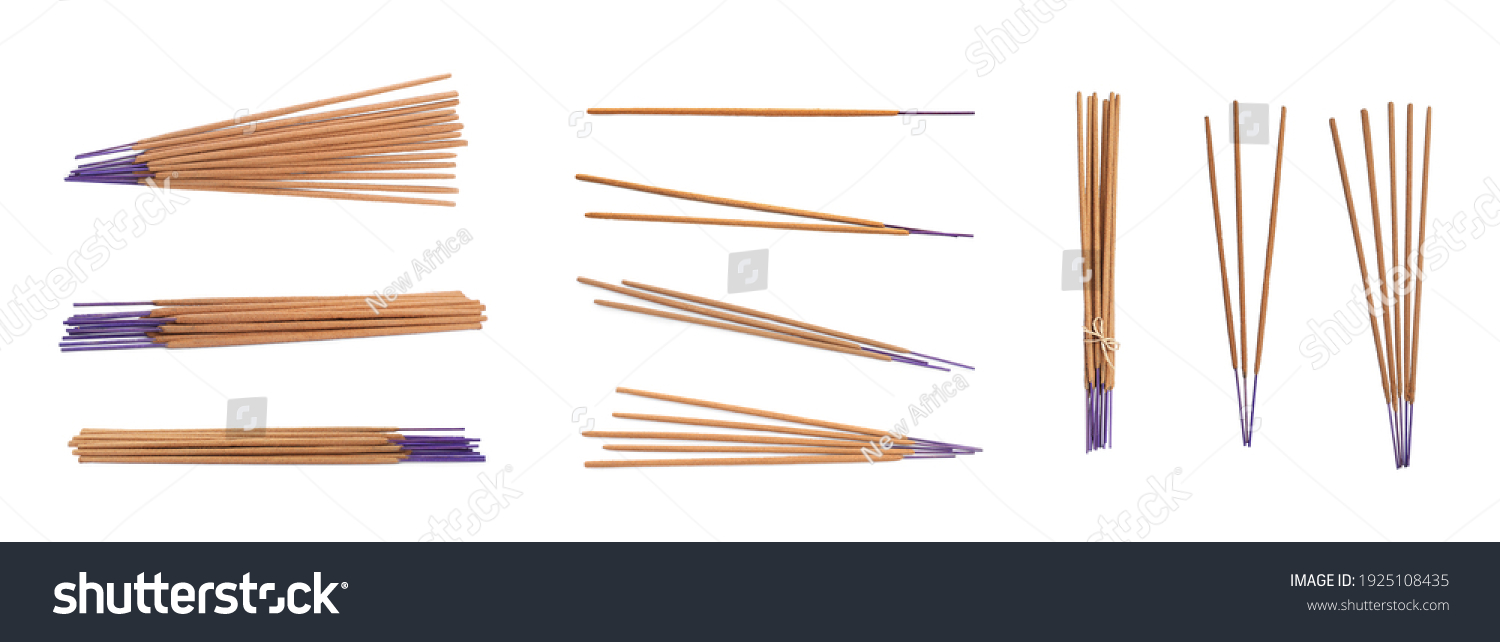 Set with aromatic incense sticks on white background. Banner design #1925108435
