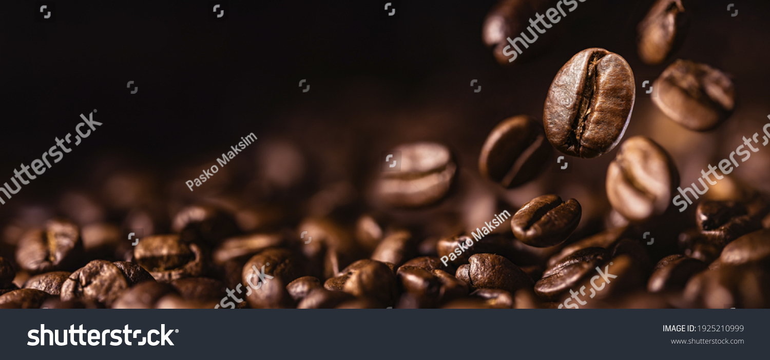 Brown Roasted Coffee Beans Closeup On Dark Background #1925210999