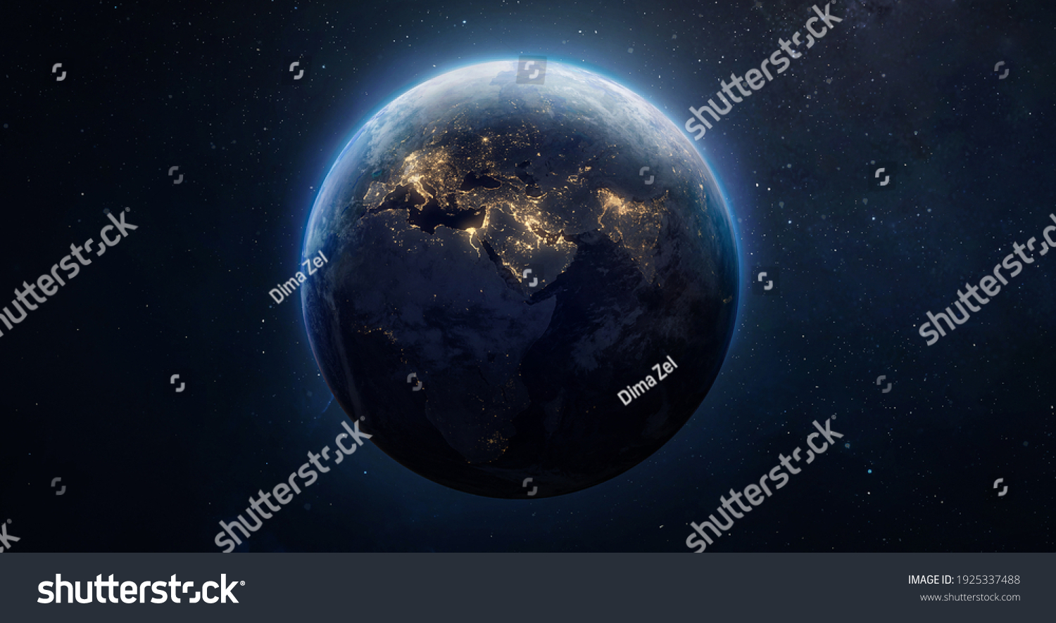Sphere of nightly Earth planet in outer space. City lights on planet. Life of people. Solar system element. Elements of this image furnished by NASA #1925337488