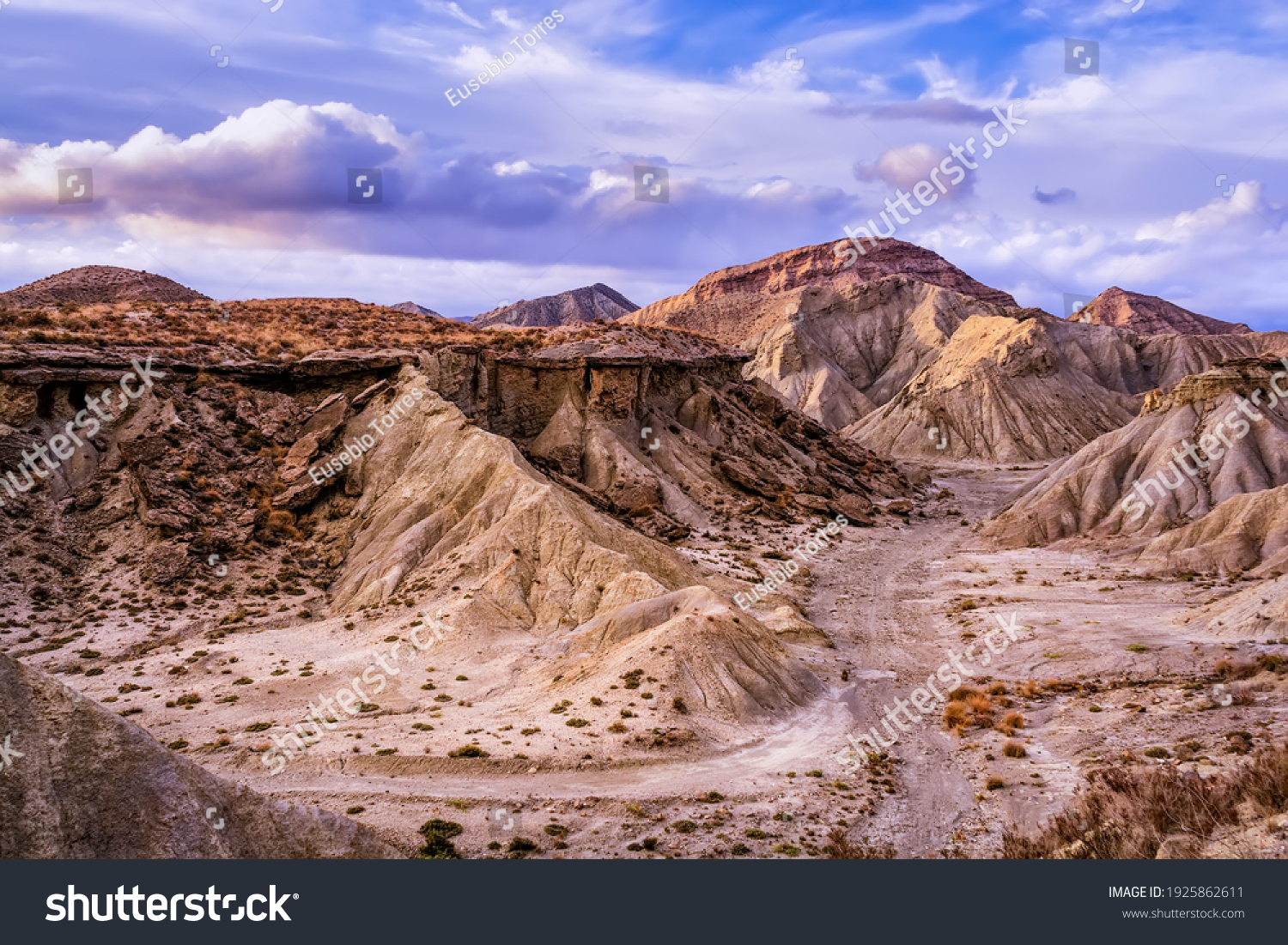 Spectacular view of the Rambla de Otero, in the Tabernas Desert, with a panoramic view used in the movie Lawrence of Arabia. In a scene of Indiana Jones and the last crusade appear in the foreground. #1925862611